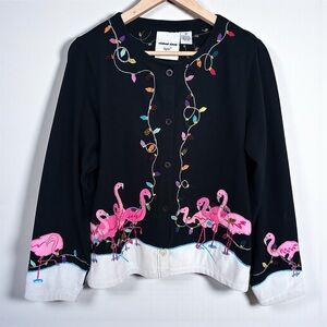 Vintage Michael Simon Flamingo Christmas Cardigan with Colorful Embroidery
